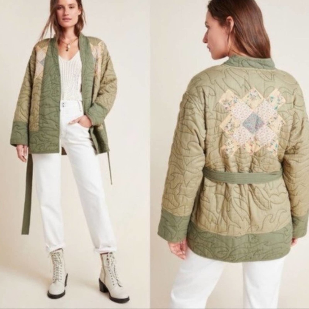 Anthropologie Quilted Green Jacket Patchwork Kimono sz L large